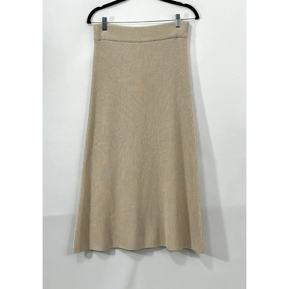SEZANE M Medium Naelle Skirt Ribbed Beige Natural Midi Length Merino Cotton NWT - Picture 9 of 10